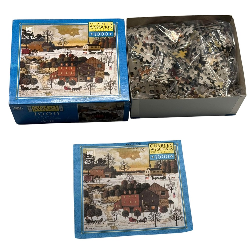 Charles‎ Wysocki Buzzards Bay 1000 Pc Puzzle MB Winter Snow Village MISSING 1 Pc
